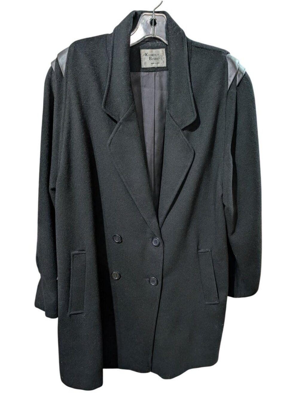 Black Wool Double Breasted Coat Kimberly Bennett sz 18 w/ Leather Accents 80s